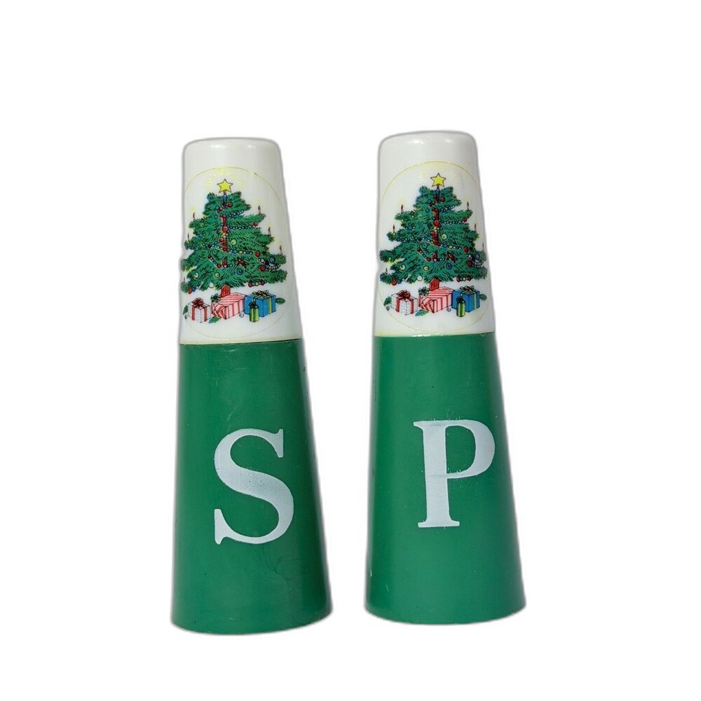 Vtg Christmas Tree Green Salt Pepper Shakers 1960s Plastic Nostalgic Table Decor